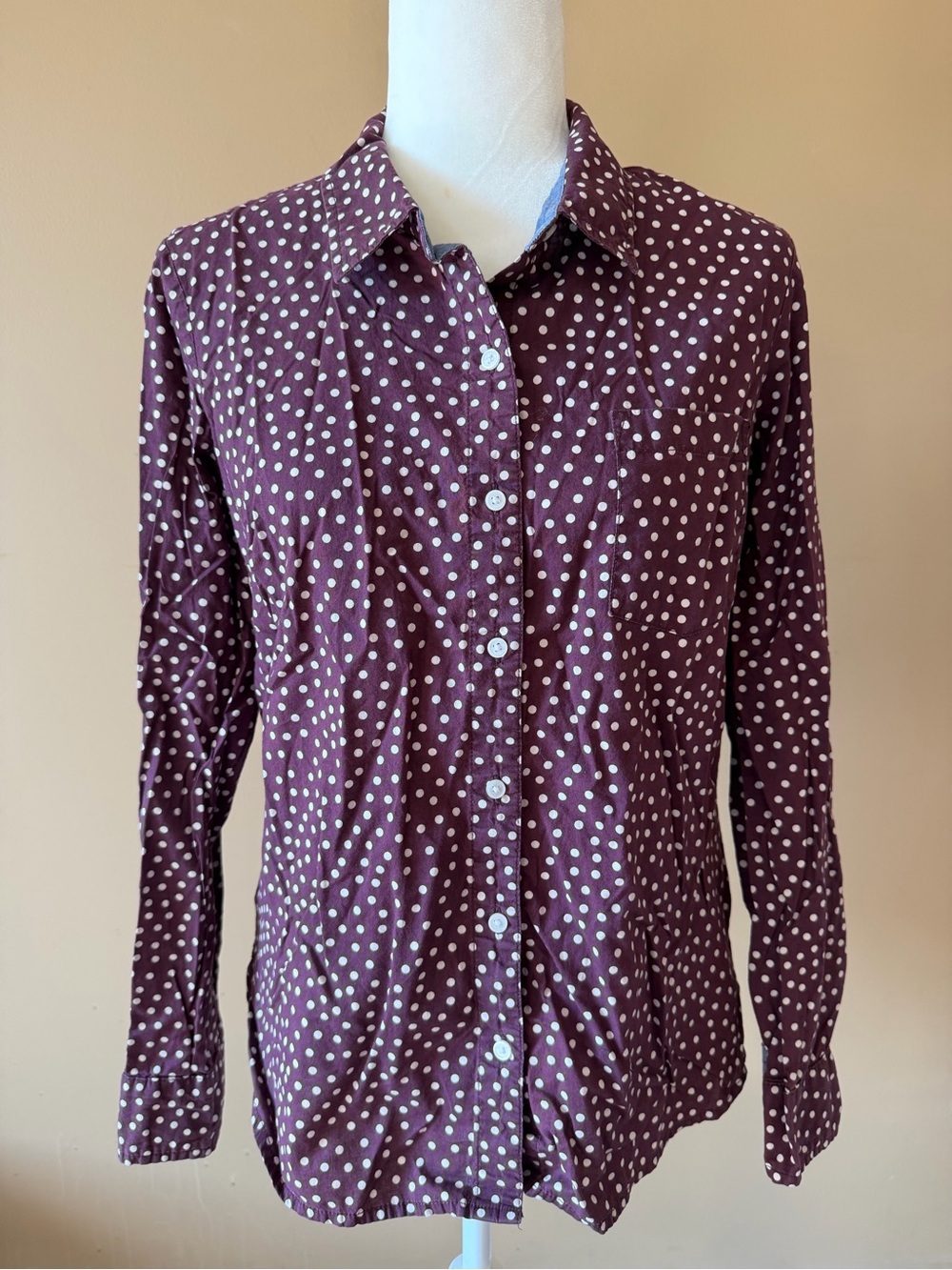 Tommy Hilfiger Burgundy Maroon Polka Dot Cotton Button Down Shirt Top